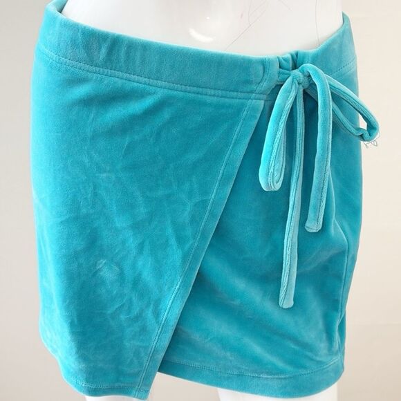 Vintage Y2K Juicy Couture Turquoise Mini Wrap Skirt Coverup w Rhinestone Logo - Picture 2 of 7